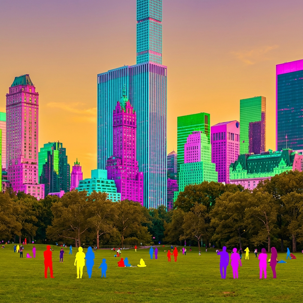 Park scene with colorful city skyline